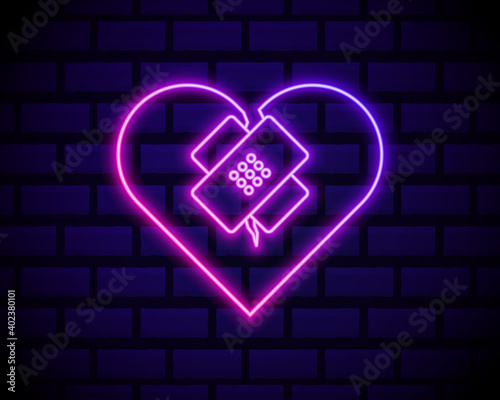 Glowing neon line Healed broken heart or divorce icon isolated on brick wall background. Shattered and patched heart. Love symbol. Valentines day. Vector Illustration
