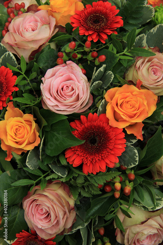 Roses and gerberas in a wedding arrangement