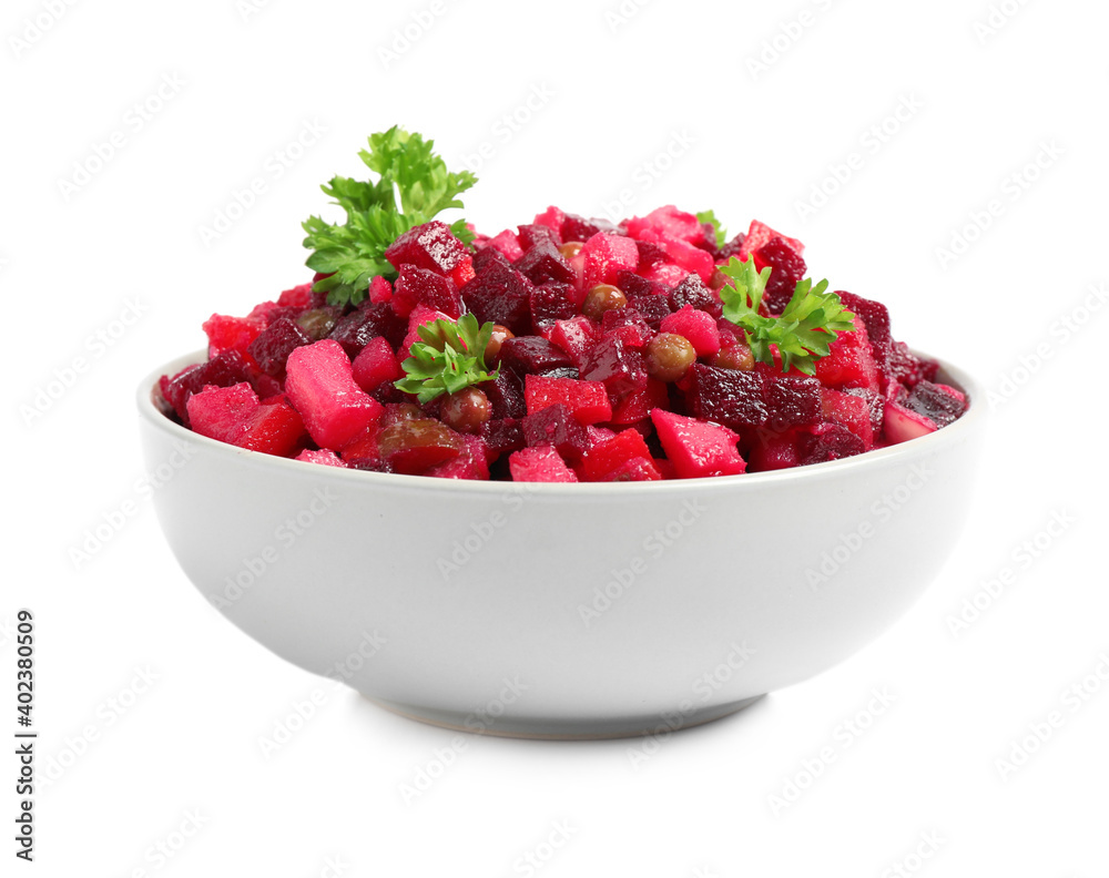 Traditional Russian salad vinaigrette in bowl isolated on white Traditional Russian salad vinaigrette in bowl isolated on white