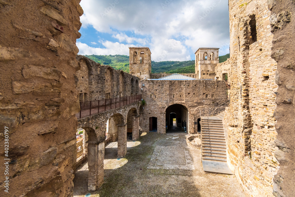 The inner courtyard of the ancient Castle Fort Castello atop the hilltop medieval village of Dolceacqua, Italy.