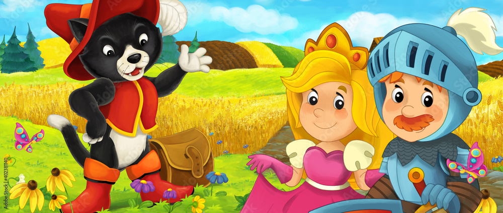 Naklejka premium cartoon prince and princess on the farm ranch traveling meeting cat illustration