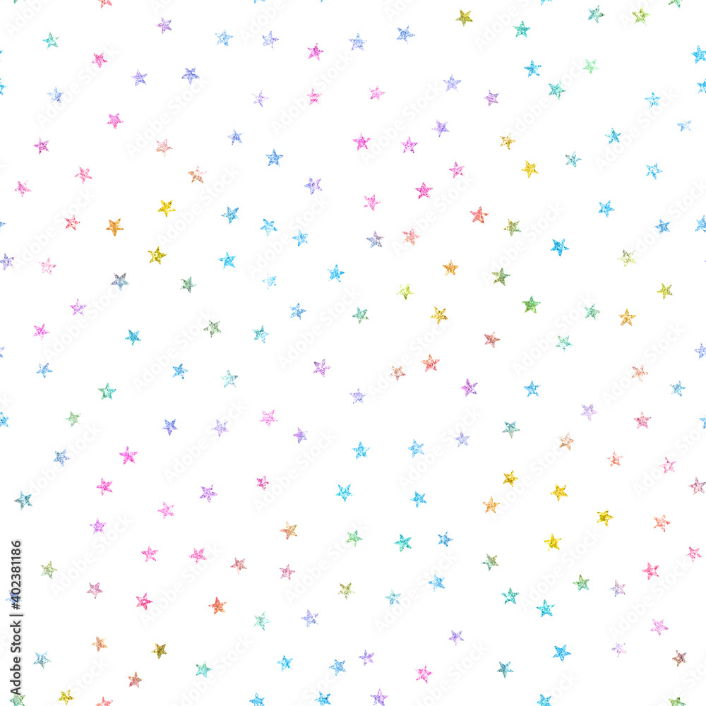 small rainbow glitter stars seamless pattern fun celestial galaxy sky white background