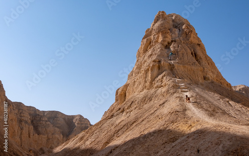 Female hiker going along steep mountain ridge. Hard and dangerous hiking trail in Judean Desert. Extreme climbing and adrenaline. Ropes and ladders on a hiking trail. Airedale terrier at foreground.