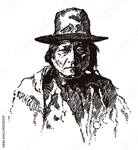 Portrait of historic Native American Hunkpapa Lakota Sioux chief Sitting Bull wearing hat