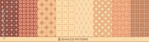 Vector seamless geometric pattern collection. Set of simple background swatches. Abstract minimal textures in brown and beige colors.