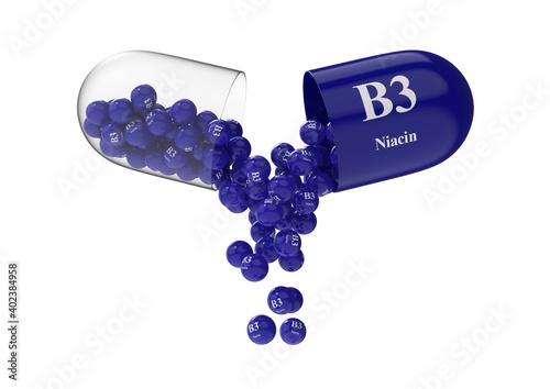 Open capsule with b3 niacin from which the vitamin composition is poured. Medical 3D rendering illustration photo