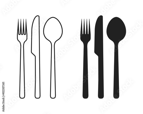 Fork spoon and knife cutlery icon with black silhouette and thin line isolated vector illustration. Outline dining silverware symbol for cafe, restaurant or food shop menu sign. Cooking utensil Set 2