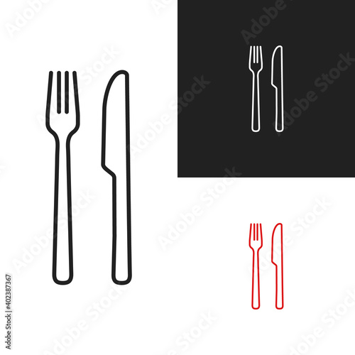 Fork knife icon vector outline symbol without spoon. Thin line eat cutlery isolated on white and blak simple icon silhouette. Restaurant silverware for meal or dinner menu. Clean dishware sign SET 3