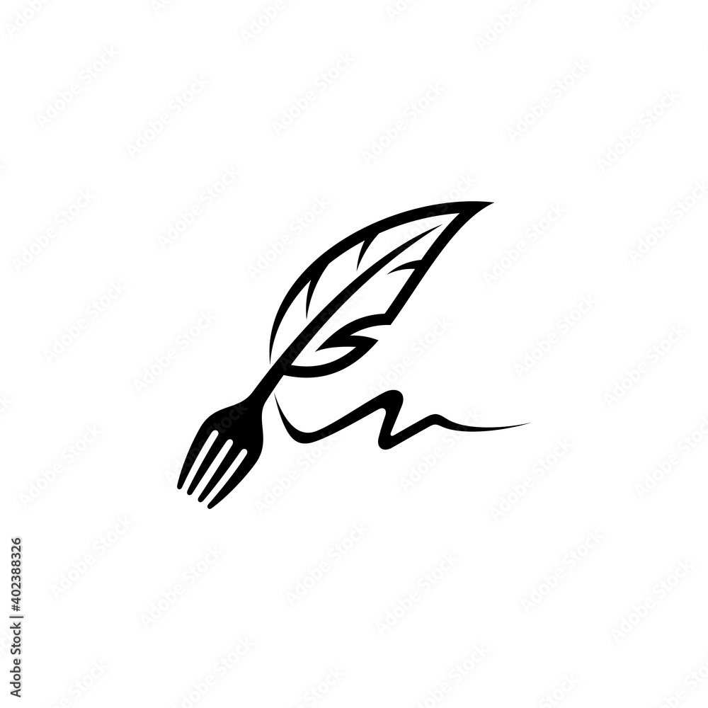 Quill pen and fork. Exclusive food restaurant logo concept with line style