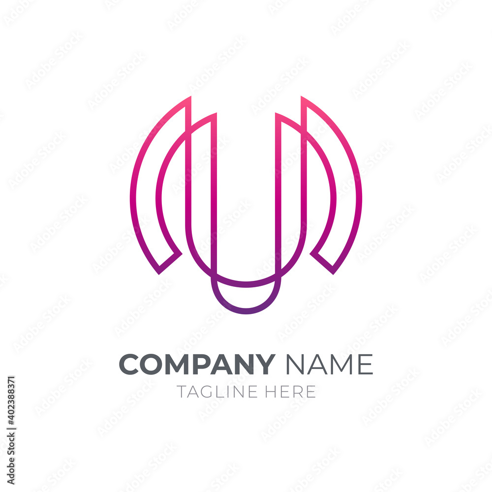 MU or UM monogram logo. Letter M and letter U with line art logo style in gradient purple color