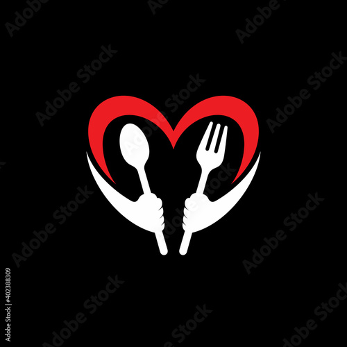 Hands holding cutlery and heart shape. Love healthy food logo concept with flat style