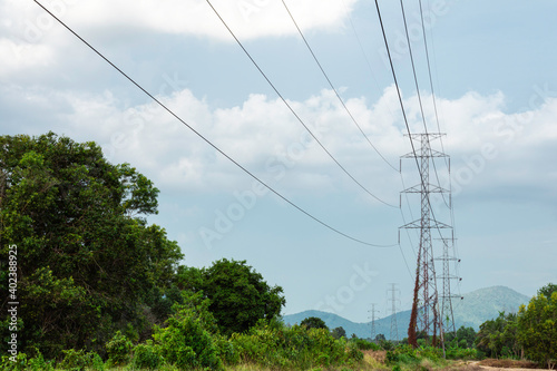 Electricity transmission line with green tree nature, Green conservative energy, Energy be friendly with environment concept, Power distribution pylon system to rural community and countryside