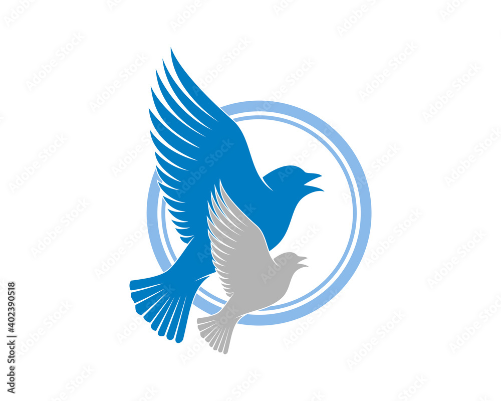 Fototapeta premium Flying bird with a son inside to blue circle
