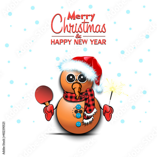 Merry Christmas and happy new year. Snowman from ping-pong balls with broom and sparklers on an isolated background. Design pattern for banner, poster, greeting card, invitation. Vector illustration