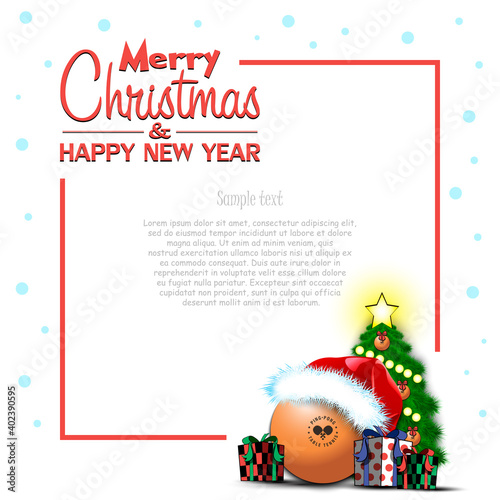 Merry Christmas and Happy New Year. Frame with Ping-pong ball, Christmas tree and gift boxes. Greeting card design template with for new year. Vector illustration