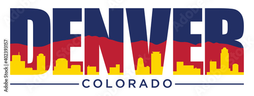 Denver Colorado T-Shirt Design with State Flag Colors | Vector Screen Printing Layout | Graphic Tee Illustration | Souvenir Bumper Sticker with Rocky Mountains and Skyline