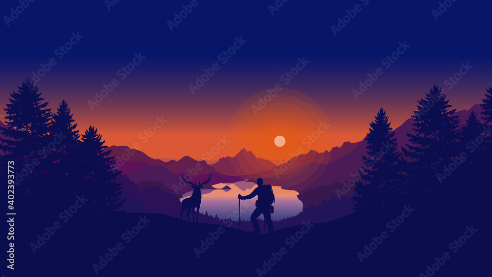 man and deer in forest lake