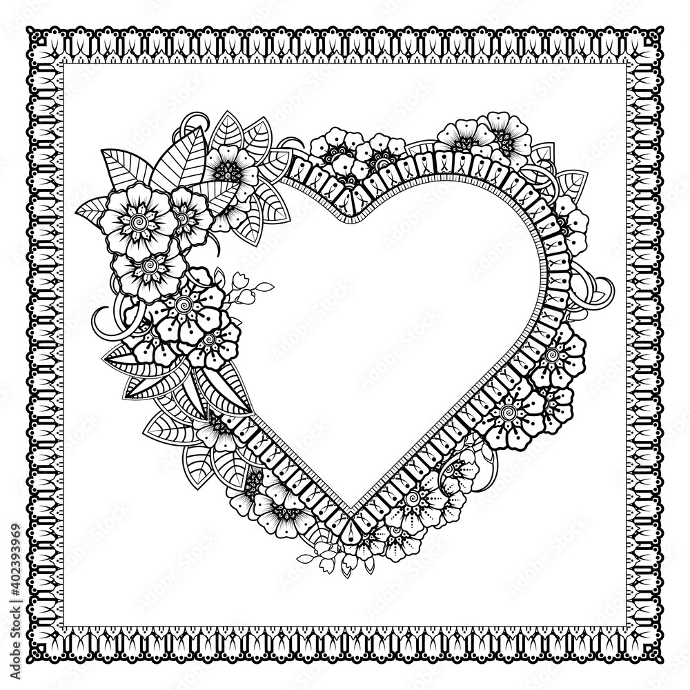 Circular pattern in form of mandala with frame in shape of heart. Decorative ornament in ethnic oriental mehndi style. Circular pattern in form of mandala with frame in shape of heart. Decorative ornament in ethnic oriental mehndi style.