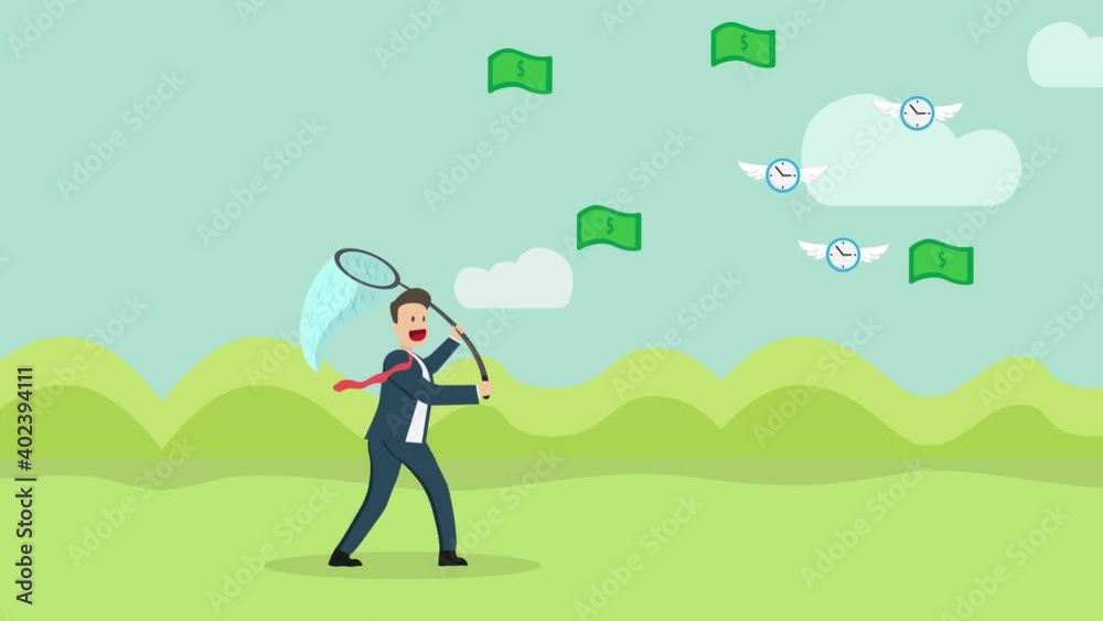Businessman holding a net to catch money and clock Businessman holding a net to catch money and clock