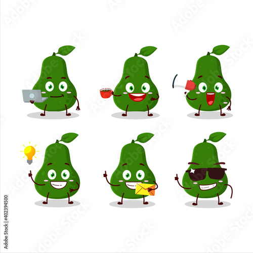 Avocado cartoon character with various types of business emoticons