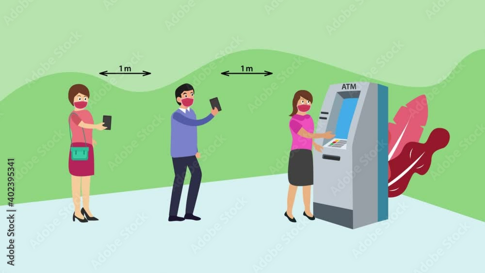 People applying physical distancing in line at ATM People applying physical distancing in line at ATM