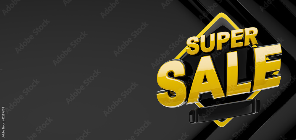 Super sale concept symbol yellow with black background. Logo for advertising campaign. 3D illustration, 3D logo, 3D art.