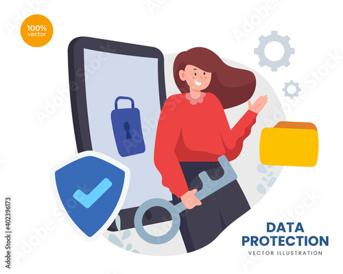 Data protection concept vector Illustration idea for landing page template, the business woman with safety network for business backup technology with padlock and shield symbolic. Flat Styles