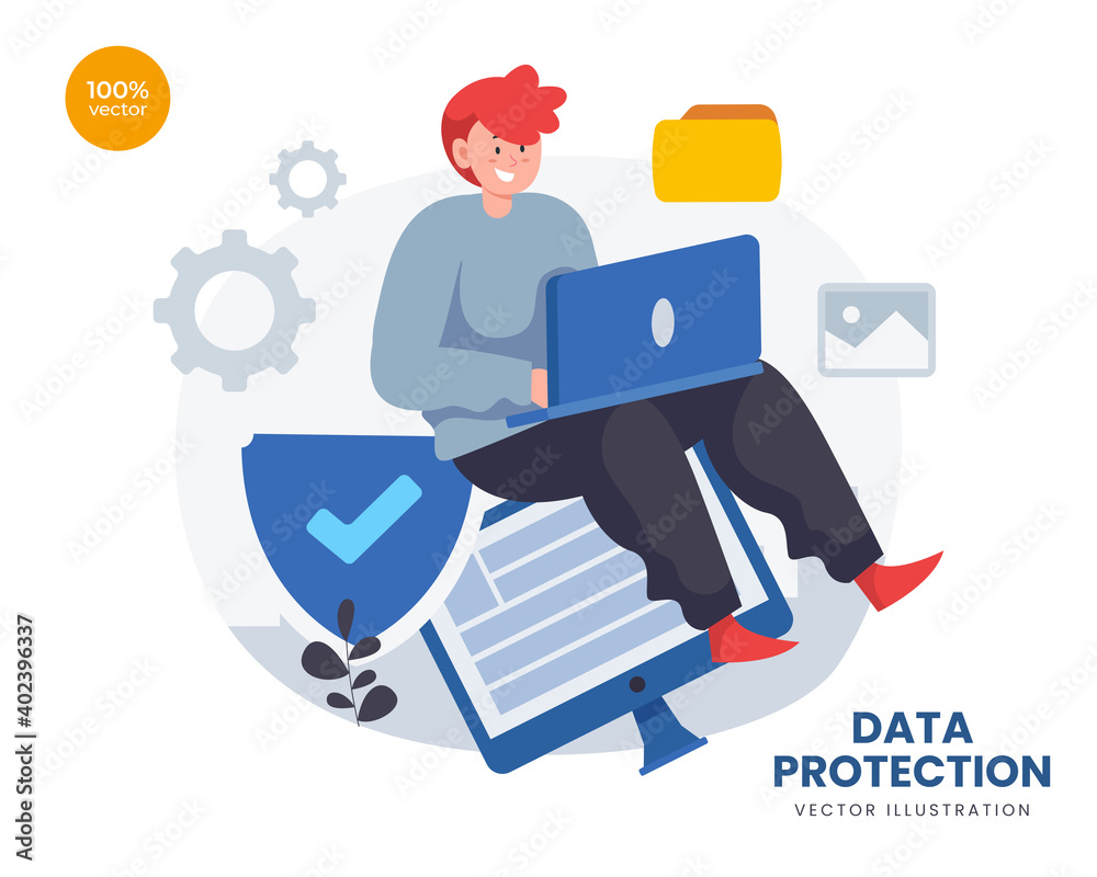 Data protection concept vector Illustration idea for landing page template, the business man with safety network for business backup technology with padlock and shield symbolic. Flat Styles