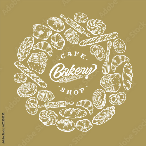 Breads, baked products, pastry, circle template frame vector doodle vintage illustration on white. Monochrome round border with bakery label typography.