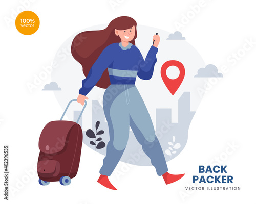 Backpacker concept vector Illustration idea for landing page template, The woman or girl make a vacation for adventure destination. Flat Styles