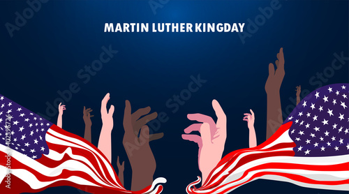 Martin Luther King Day with black skin and white skin united raise hands together. Waving flag of america celebrate the civil rights of blacks Martin Luther King Jr Day
