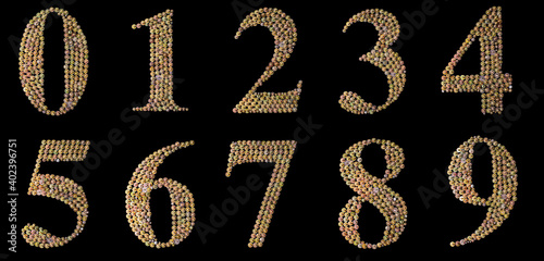Numbers from 0 to 9 assembled from screws isolated on a black background top view