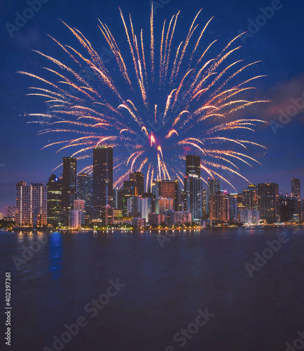 fireworks over the city Miami Florida 2021 new year beautiful skyline buildings usa United States 