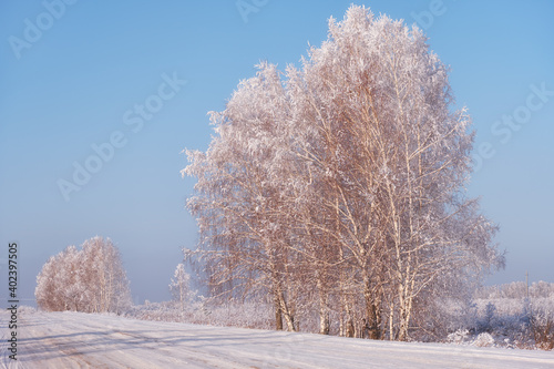 Winter road under snow. Frozen birch trees covered with hoarfrost and snow.