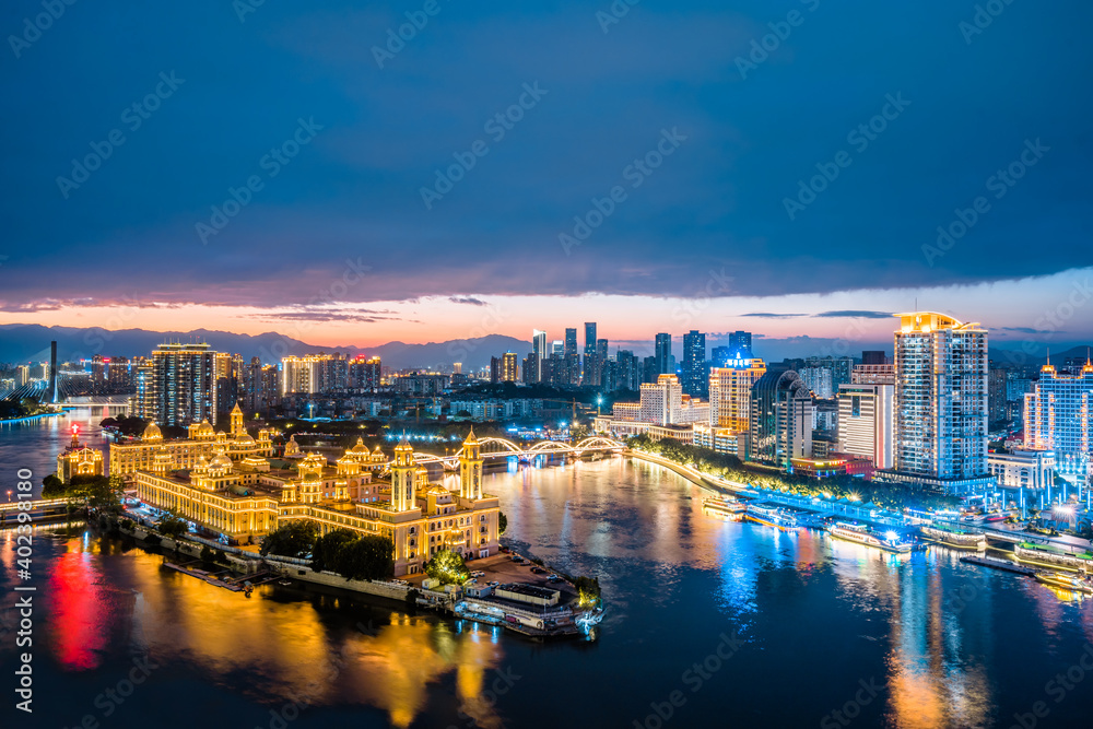Obraz premium Night view of Zhongzhou Island skyline in Fuzhou, Fujian, China