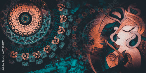 Картината върху платно mandala colorful dark eyes vintage art, ancient Indian vedic background design,s