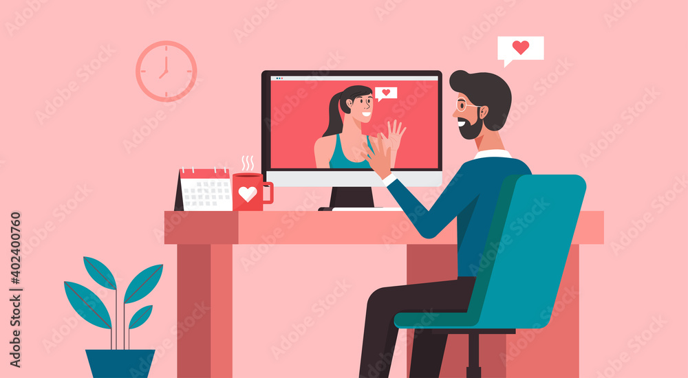 online dating concept, man character chatting to his girlfriend via video call on computer and staying at home with long distance relationship and virtual love, vector flat illustration