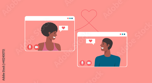 online dating concept, young African American couple character chatting via video call, lover with long distance relationship and virtual love on social networking, vector flat illustration