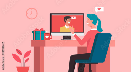 online dating concept, woman character chatting to his boyfriend via video call on computer and staying at home with long distance relationship and virtual love, vector flat illustration