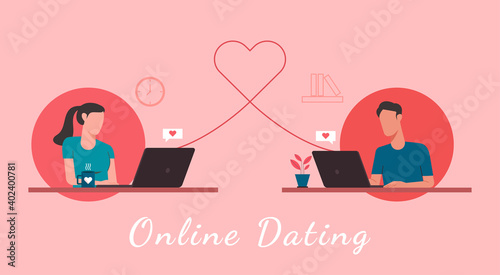 online dating concept, man and woman character chatting via video call on laptop with long distance relationship and virtual love, vector flat illustration