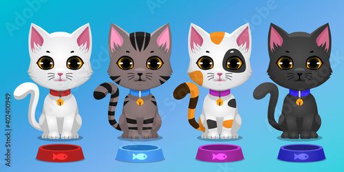 Set of Kittens Sitting Pose with different colors and Pet Food Bowl