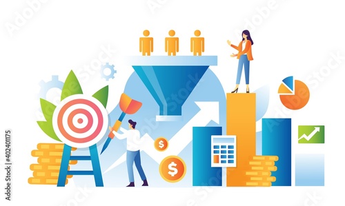 boy and girl stand in statistic bar for sales funnel illustration