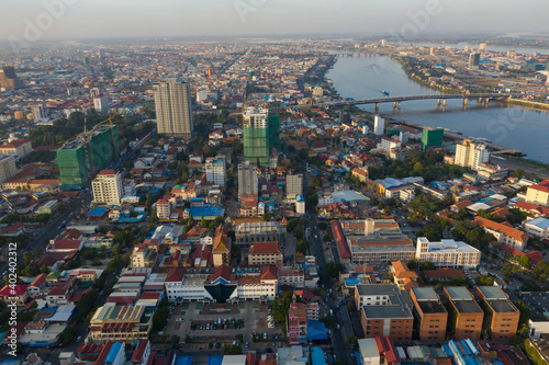 Phnompenh capital of Cambodia on the night with beautiful landscape by drone
