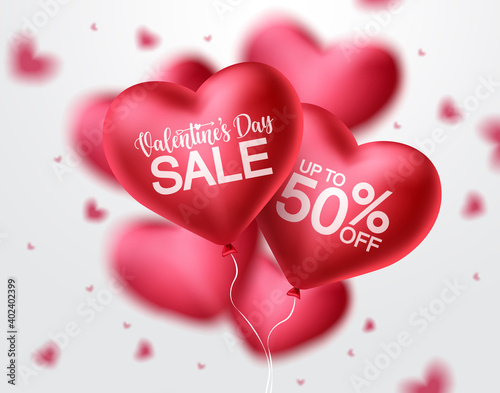 Valentines day sale heart balloon vector banner design. Happy valentines day sale promotion text with red heart balloon elements in blurred background. Vector illustration.
