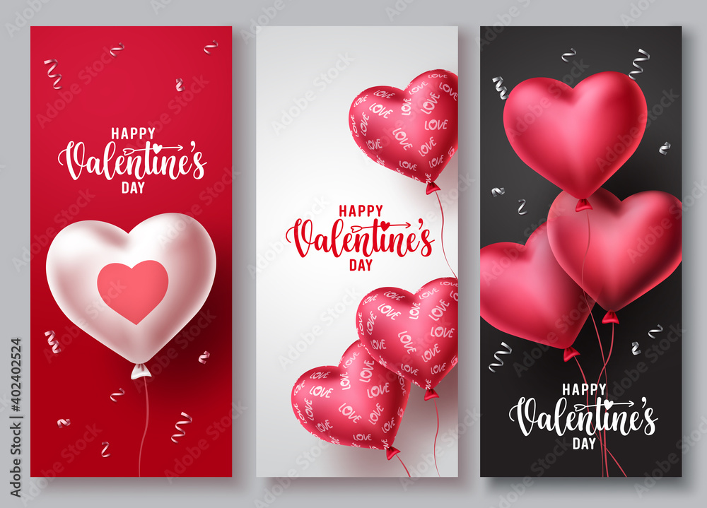 Happy valentines day vector poster background set. Valentines day greeting text background collection with hearts shape balloon and patterns elements. Vector illustration.
 - obrazy, fototapety, plakaty 