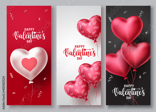 Happy valentines day vector poster background set. Valentines day greeting text background collection with hearts shape balloon and patterns elements. Vector illustration.
