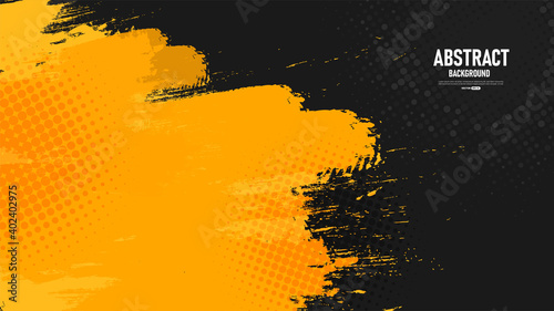Black and yellow abstract background with brushstroke and halftone style.