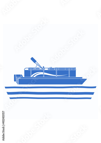 Editable Side View Pontoon Boat on Wavy Water Vector Illustration in Flat Monochrome Style with Blue Color for Artwork Element of Transportation or Recreation Related Design