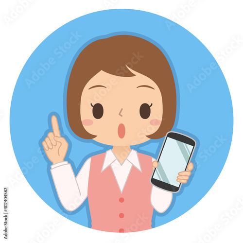 指差しポーズでスマホを持つ女性　イラスト　アイコン