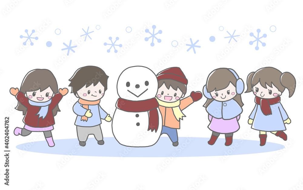 雪遊びするかわいい子ども達と雪だるまの手描き風イラスト Stock イラスト Adobe Stock